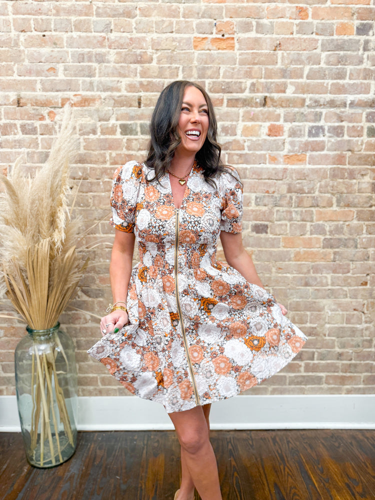 Riley Floral Smocked Dress-Rust