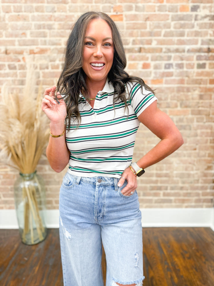 Hattie Multi Striped Polo Top-Green