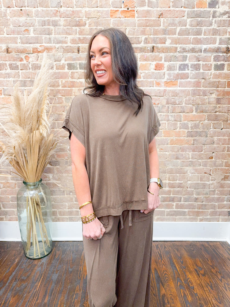 Riley Washed Ribbed Set-Brown