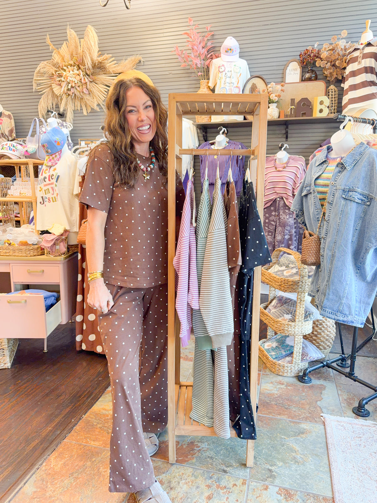 Jamie Polka Dot Set-Brown