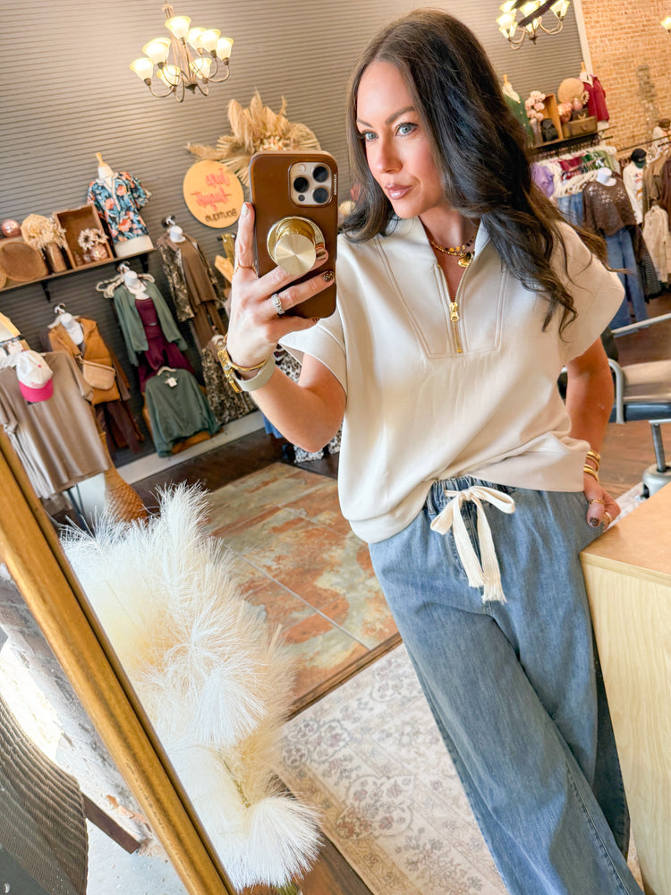 Jennifer Scuba Half Zip Top-Beige