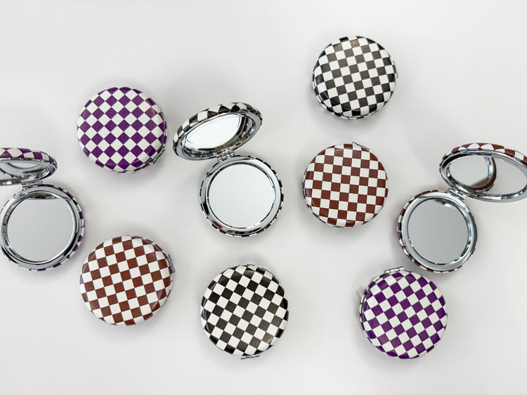Checkered Mini Handheld Mirror-Brown