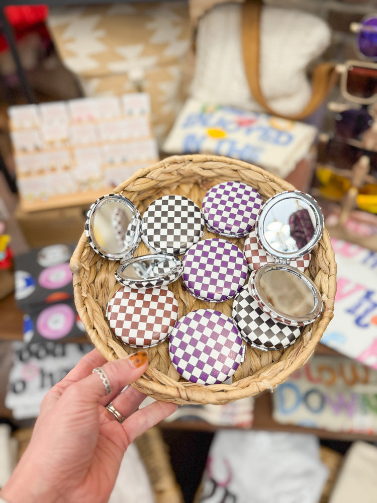 Checkered Mini Handheld Mirror-Brown