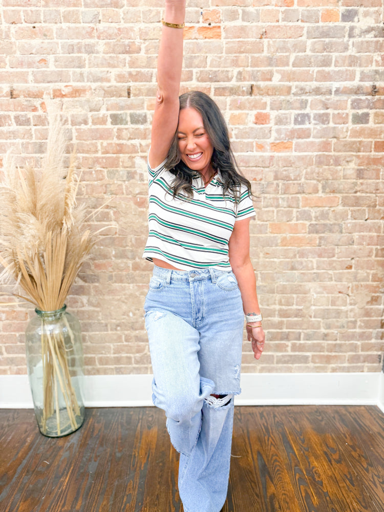 Hattie Multi Striped Polo Top-Green