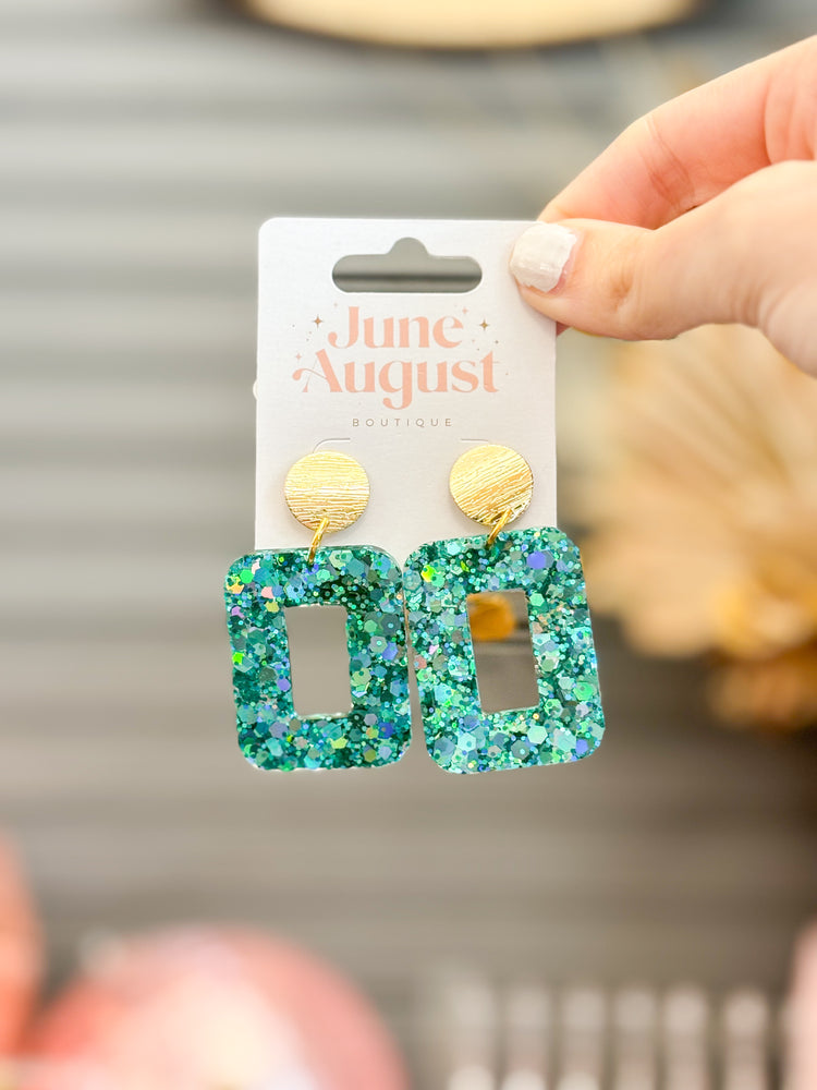 Claire Aqua Glitter Open Square Earrings