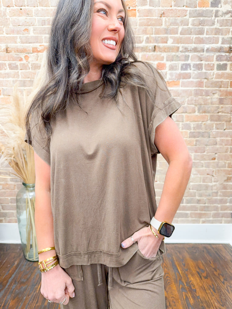 Riley Washed Ribbed Set-Brown
