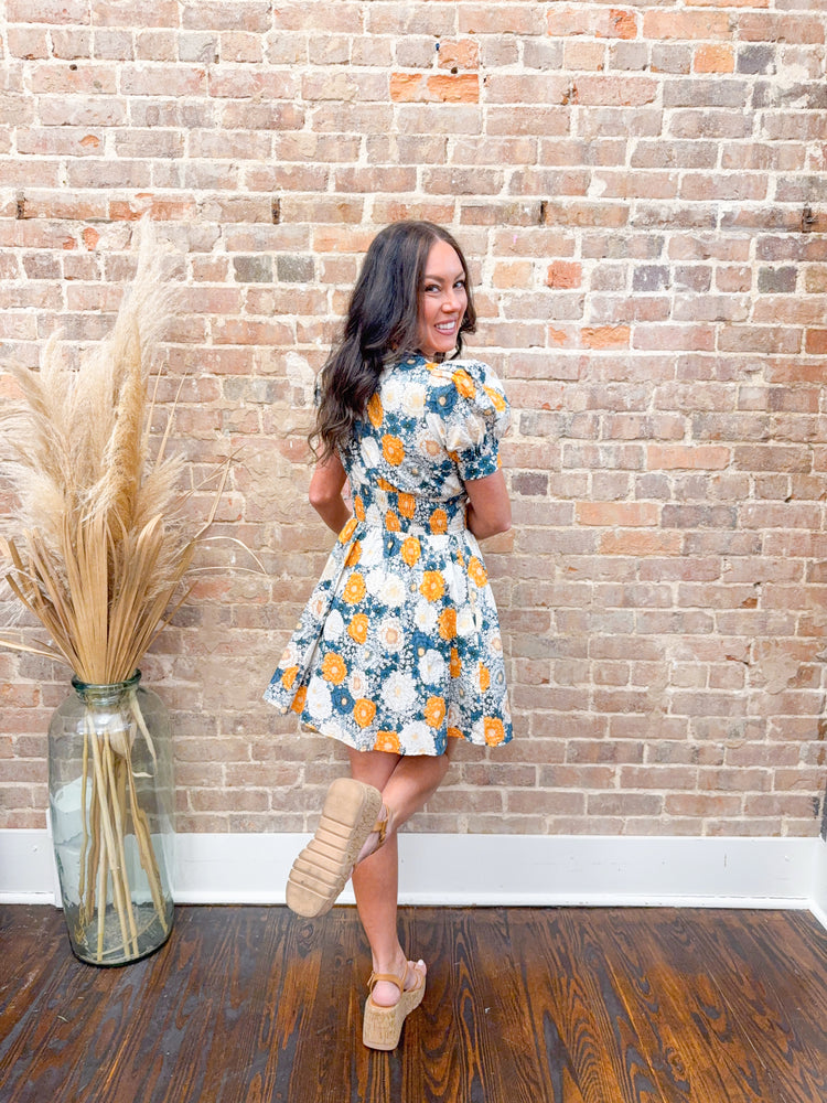 Riley Floral Smocked Dress-Teal