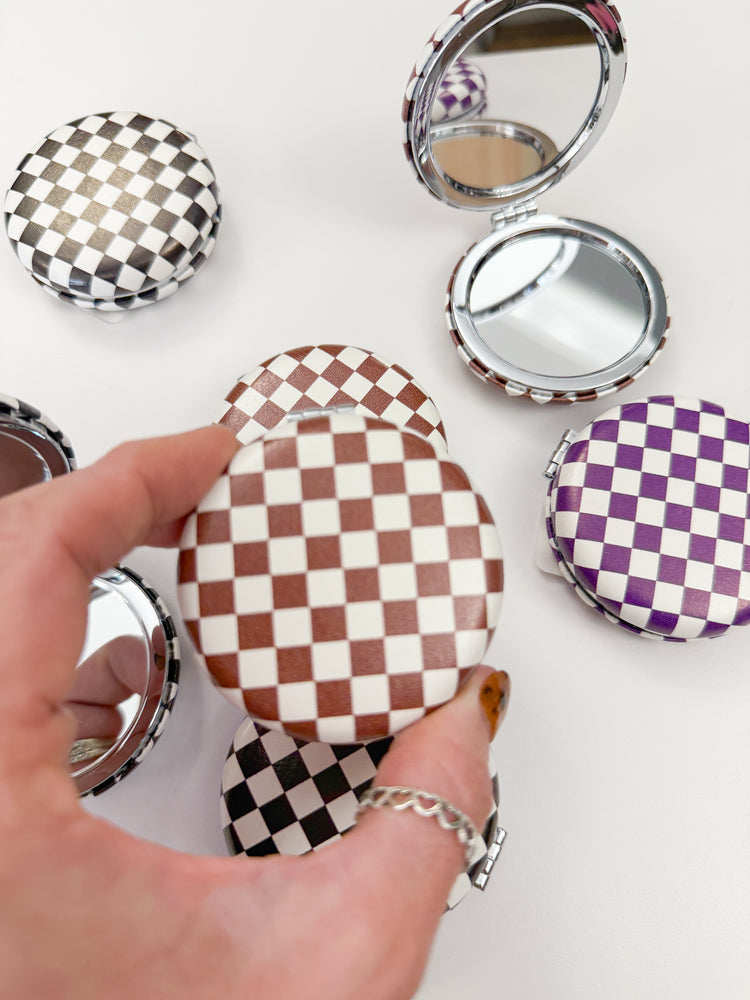 Checkered Mini Handheld Mirror-Brown