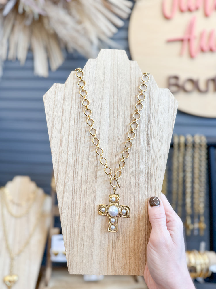 CS: Chunky Cross Pearl Necklace