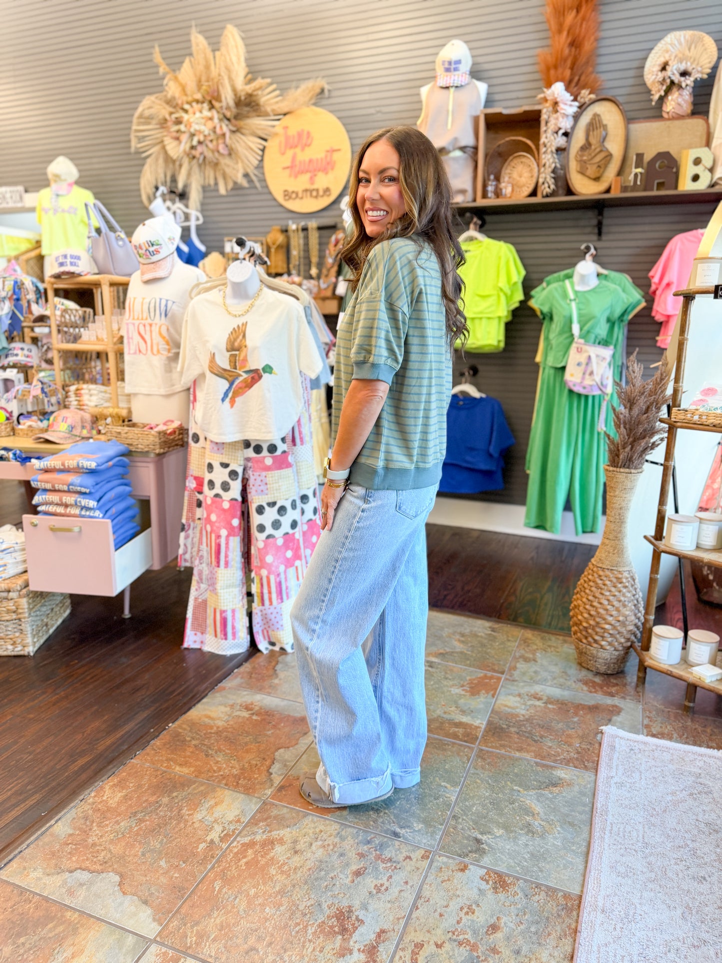Hazel Striped Top-Olive/Teal