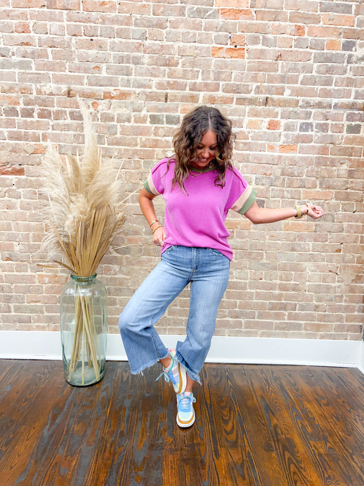 Cindy Ribbed Color Block Top-Magenta