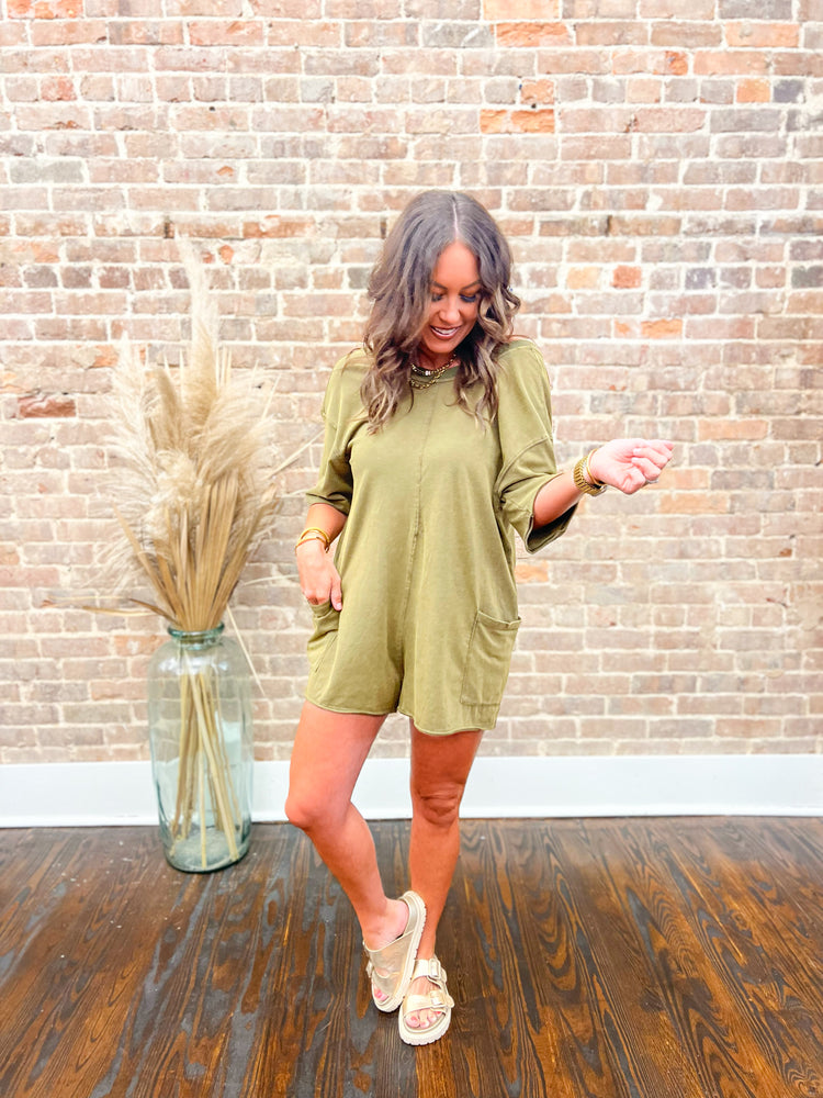 Franny Hot Shot Washed Romper-Olive