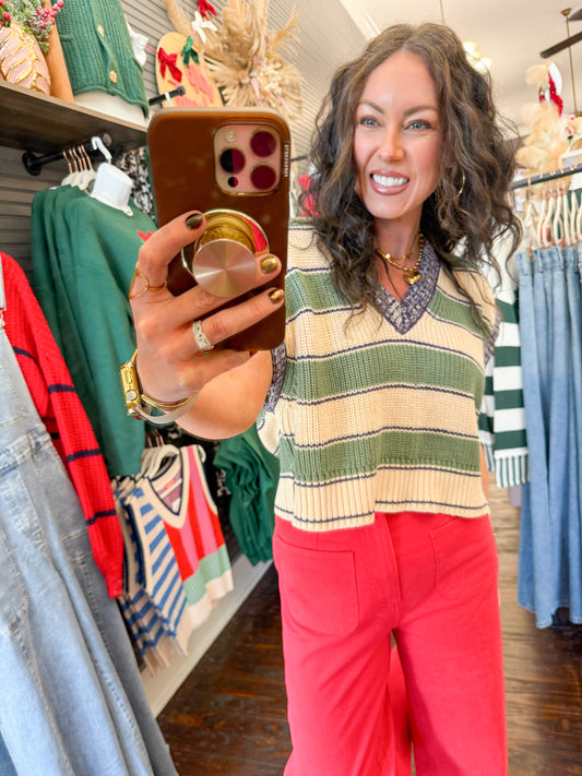 Paisley Stripe Sweater Vest-Olive