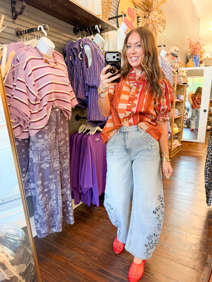 Shelly Mixed Print Top - Cinnamon