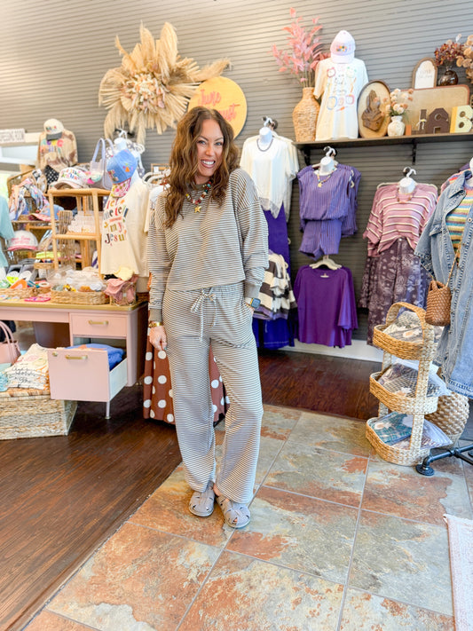 Cora Striped Pants Set-Brown