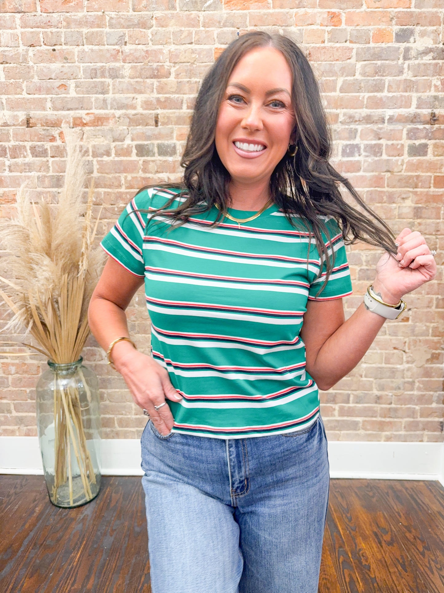 Lynette Striped Knit Top-Green