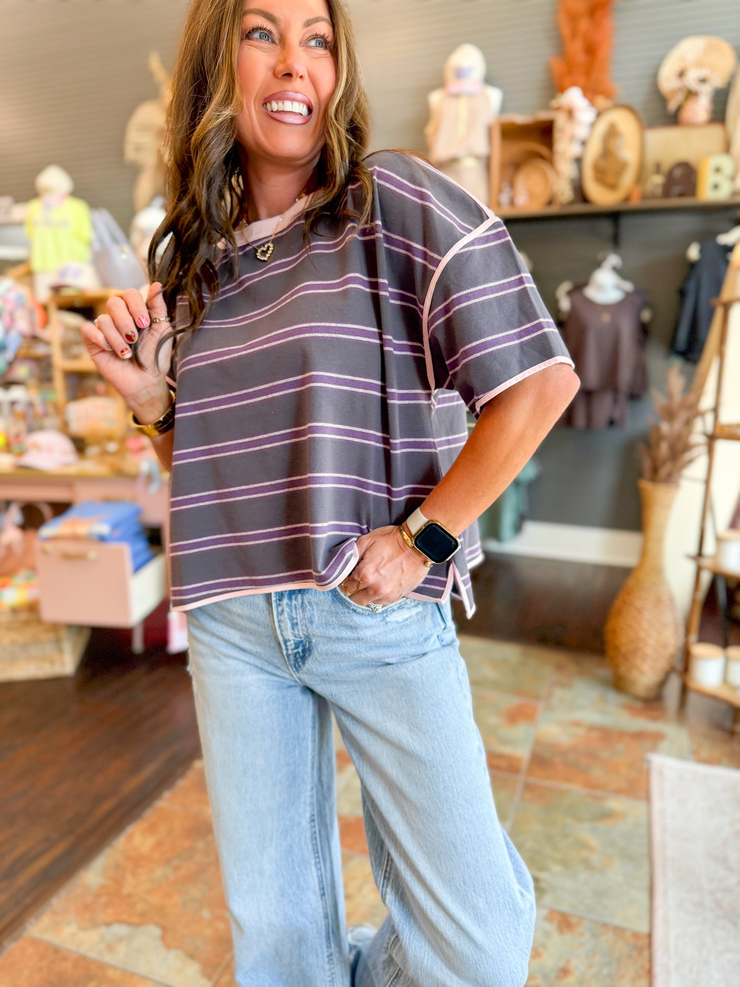 Sutton Striped Boxy Top-Plum