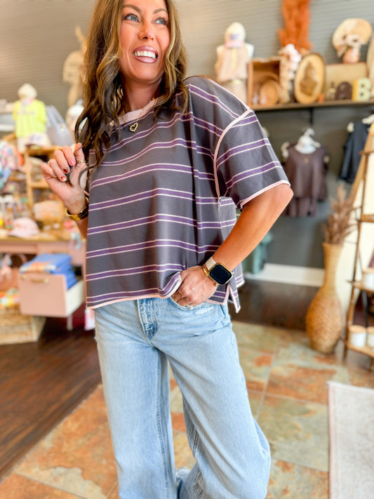 Sutton Striped Boxy Top-Plum