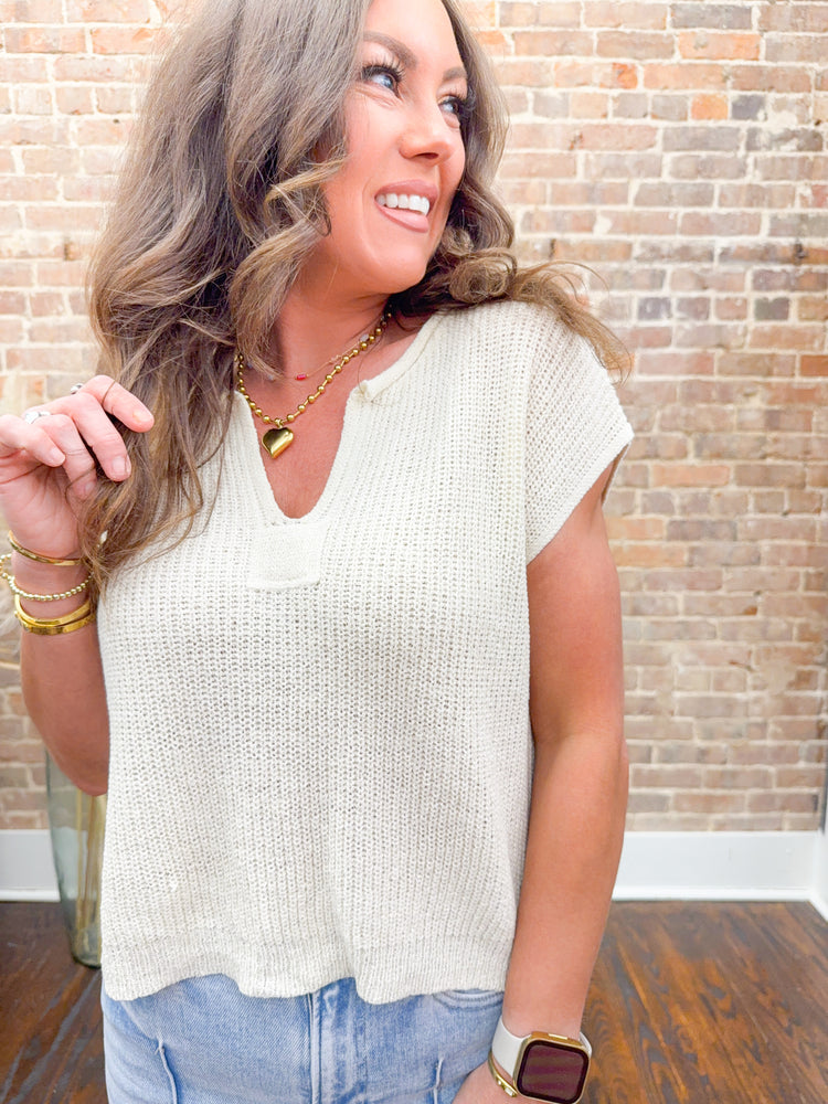 Bonnie Split Neck Knit Top-Cream
