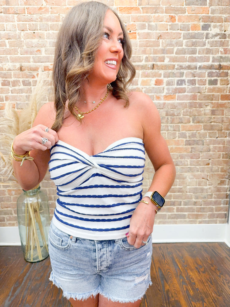 Cara Striped Tube Top-Light Navy