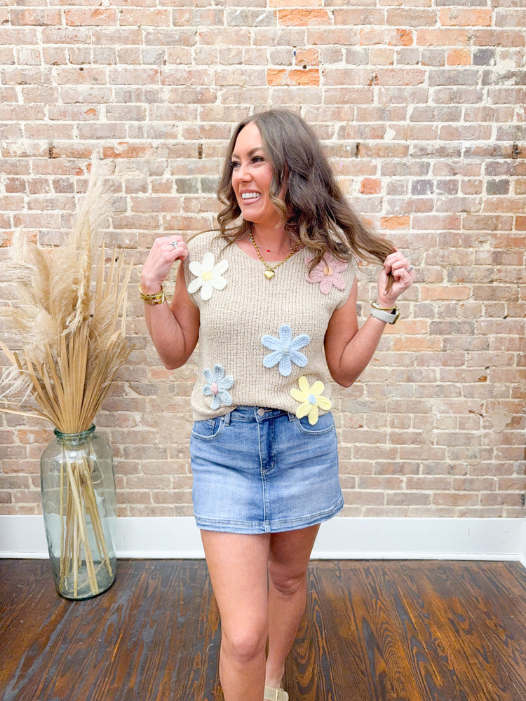 Nora Crochet Flower Top-Khaki