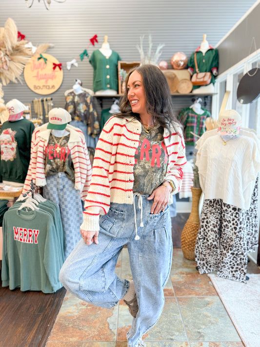 June Striped Cardigan-Red