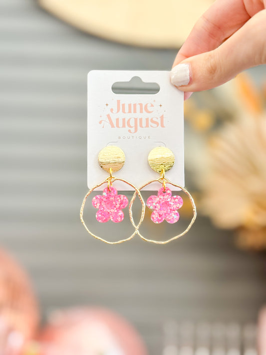 Claire Pink Glitter Flower Gold Circle Earrings