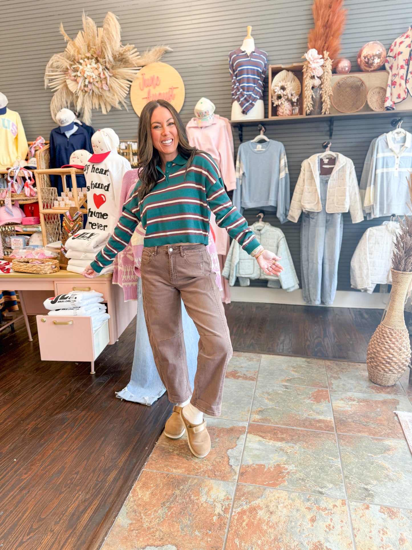 Presley Stripe Sweater Top-Green/Brown