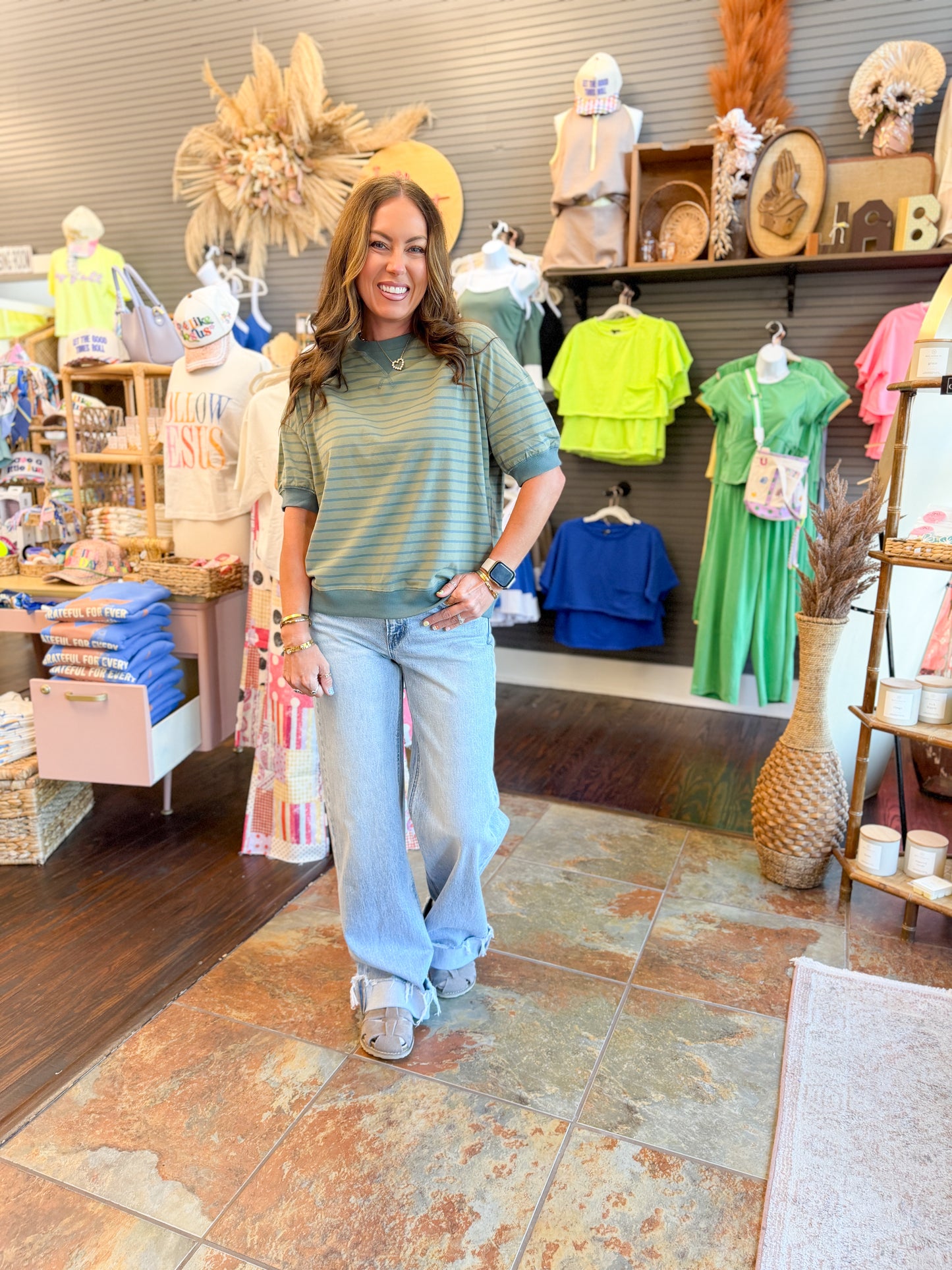 Hazel Striped Top-Olive/Teal