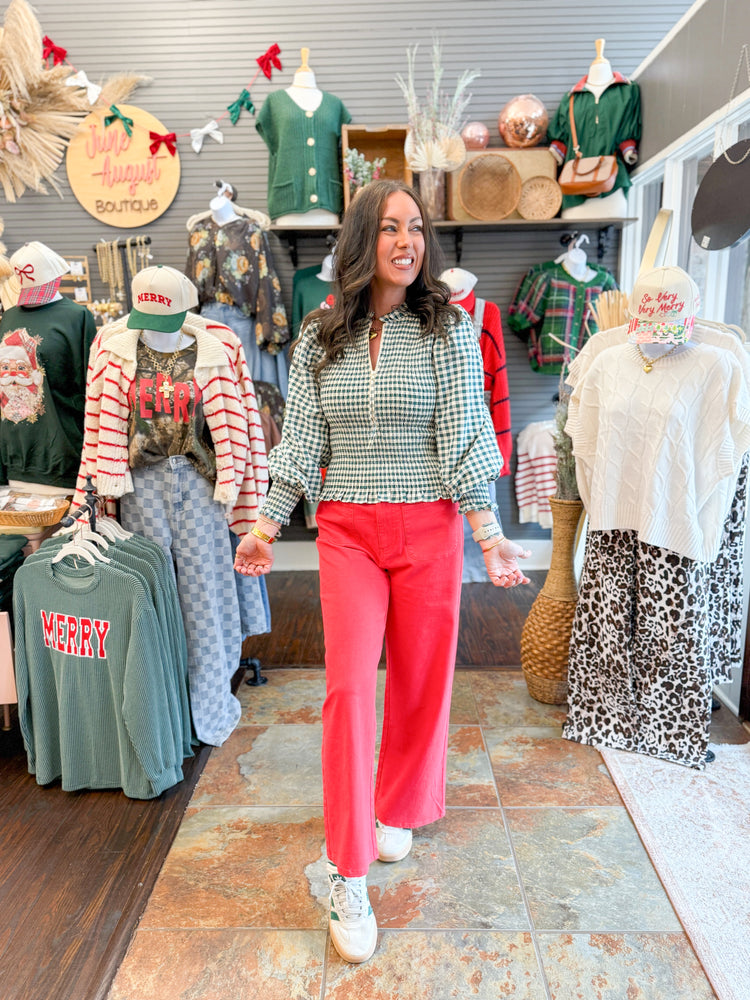 Pine Gingham Zipper Top