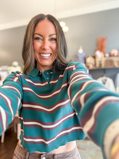 Presley Stripe Sweater Top-Green/Brown