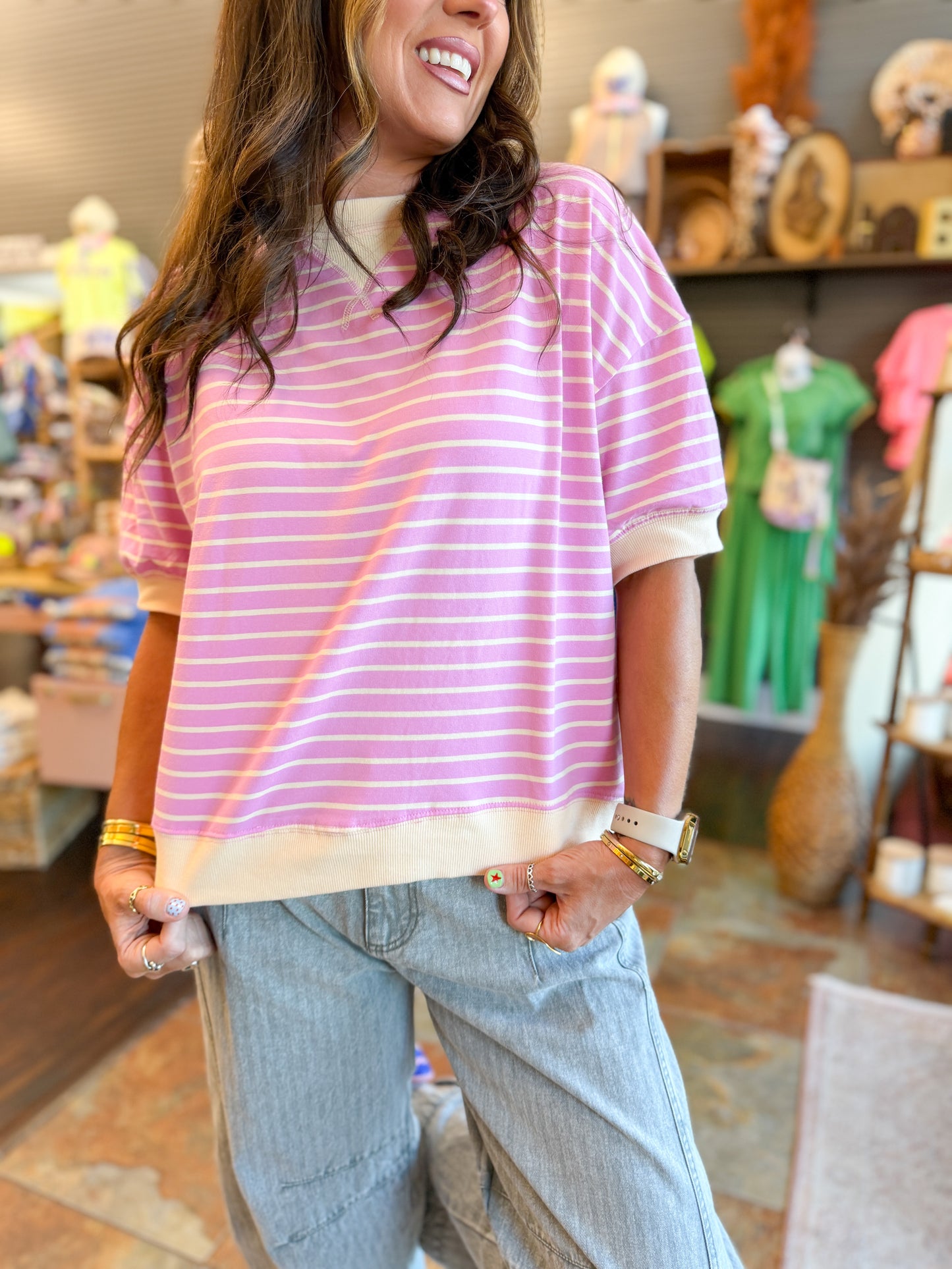 Hazel Striped Top-Pink/Beige