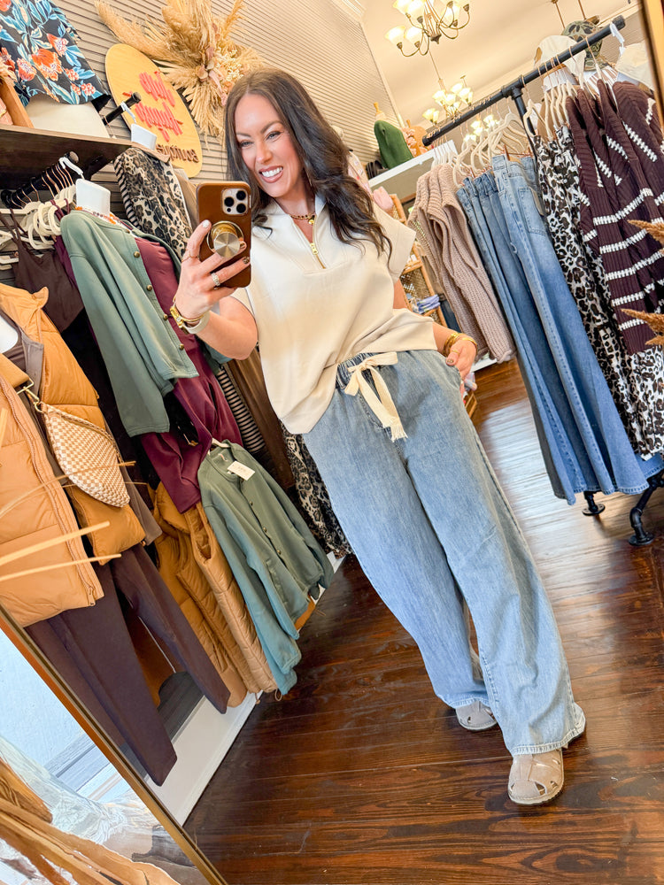 Jennifer Scuba Half Zip Top-Beige