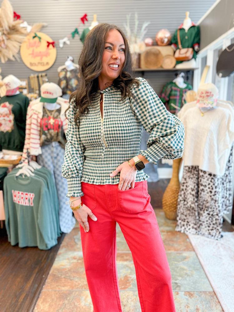 Pine Gingham Zipper Top