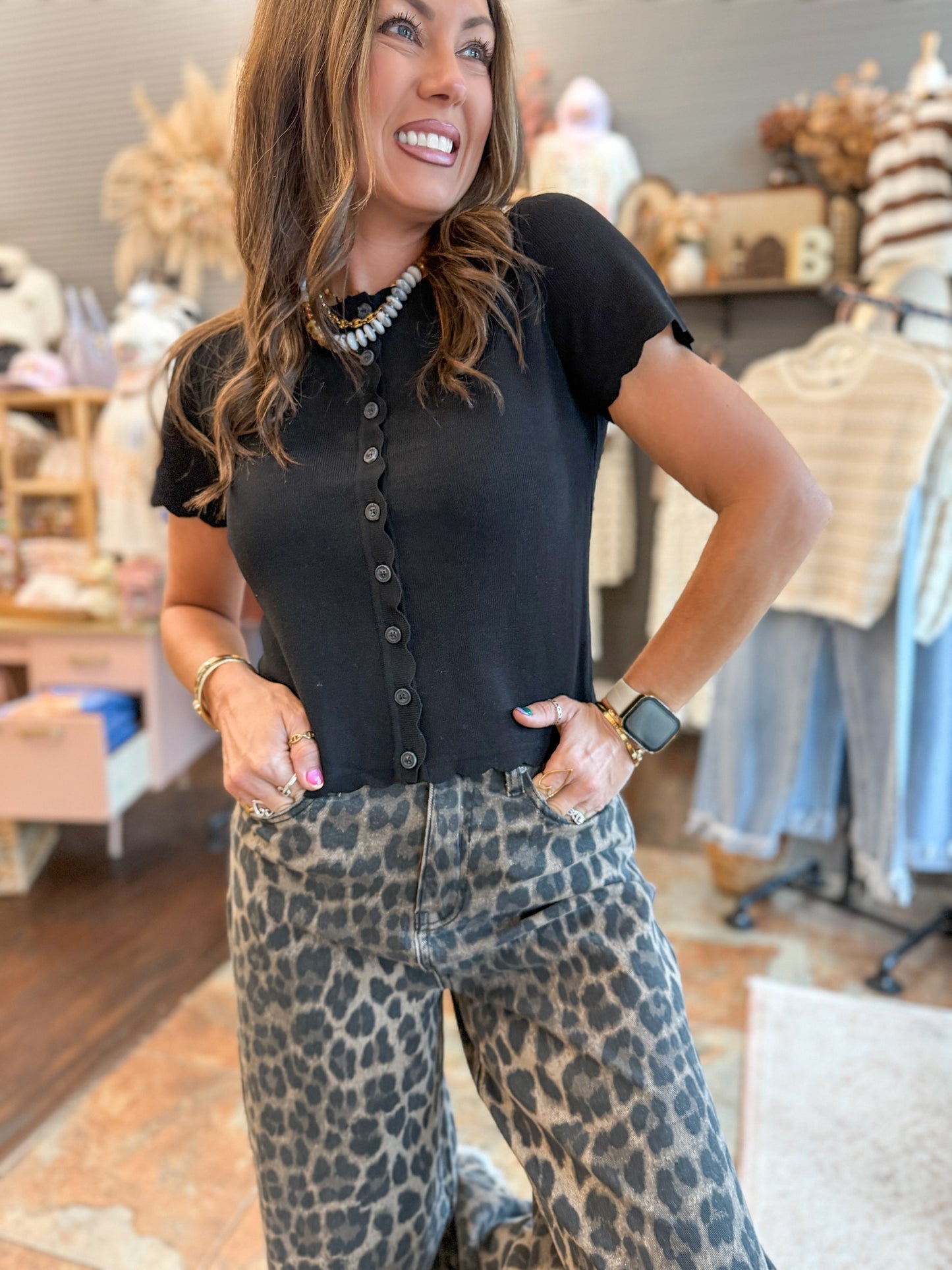 Emma Scalloped Button Top-Black