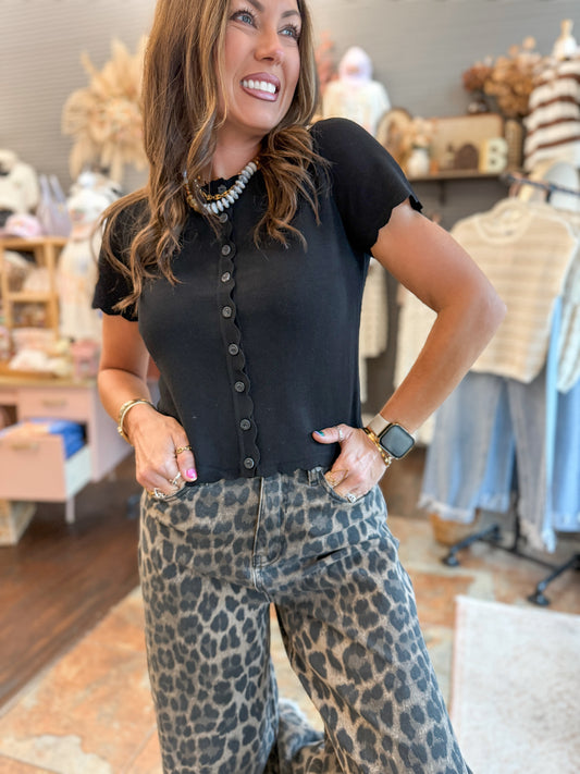 Emma Scalloped Button Top-Black