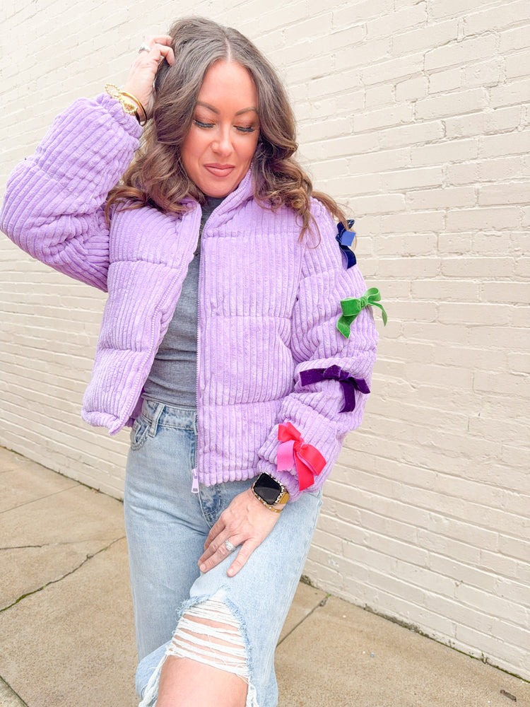 Bow Dangles Puffer Jacket-Lavender