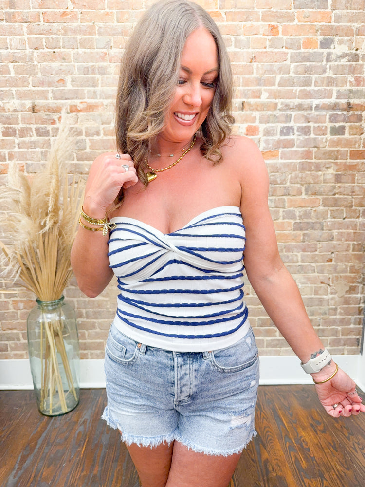 Cara Striped Tube Top-Light Navy
