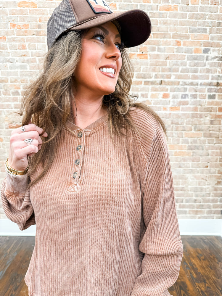 Molly Waffle Knit Top-Brown