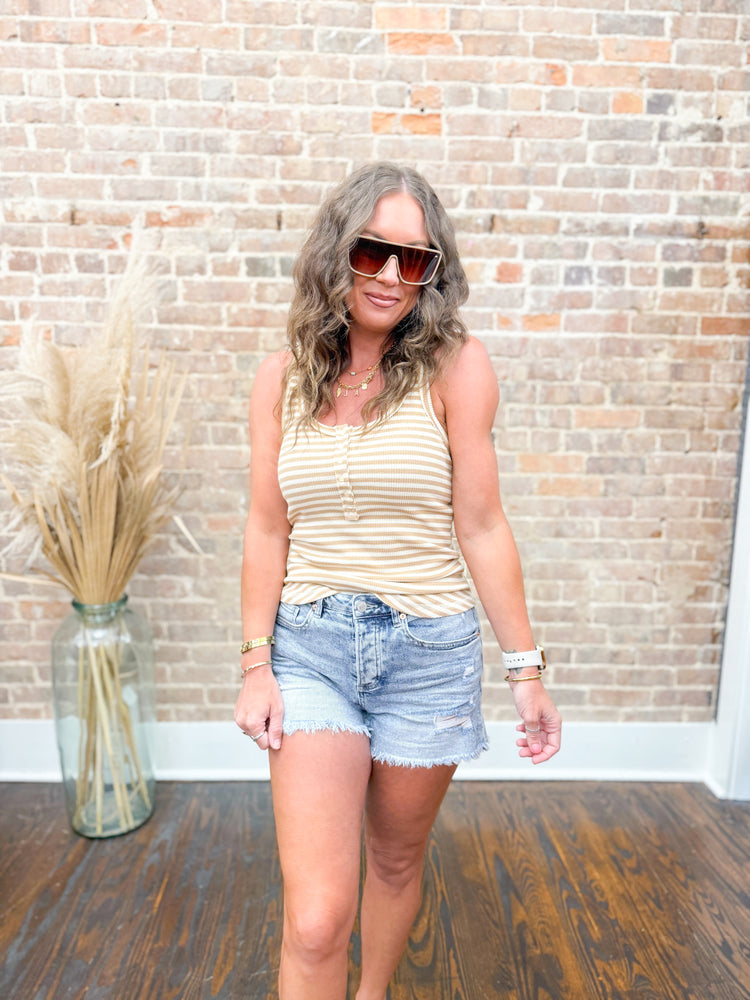Sammie Button Down Tank Top-Taupe Stripe