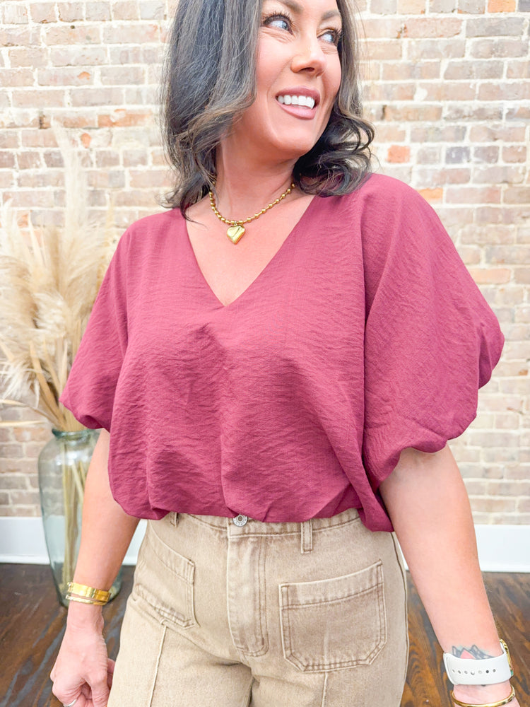 Polly Cropped Bubble Top-Wine