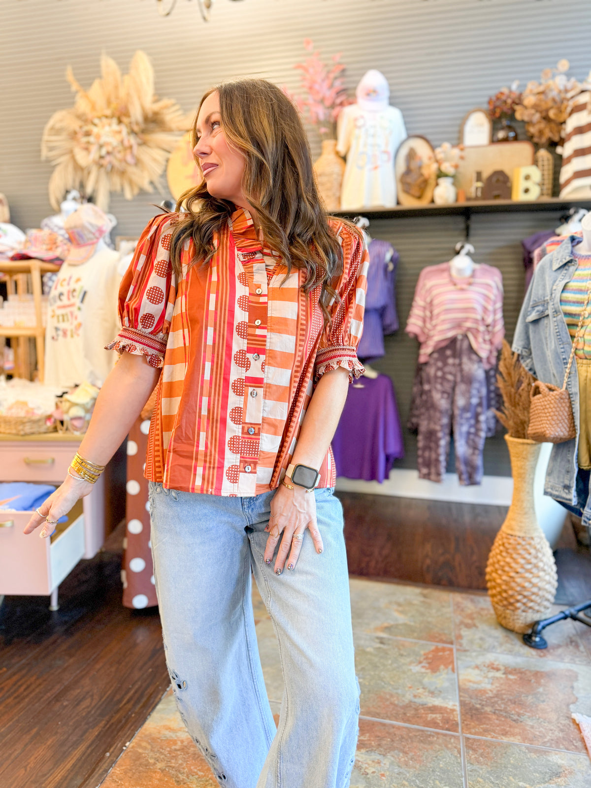 Shelly Mixed Print Top - Cinnamon