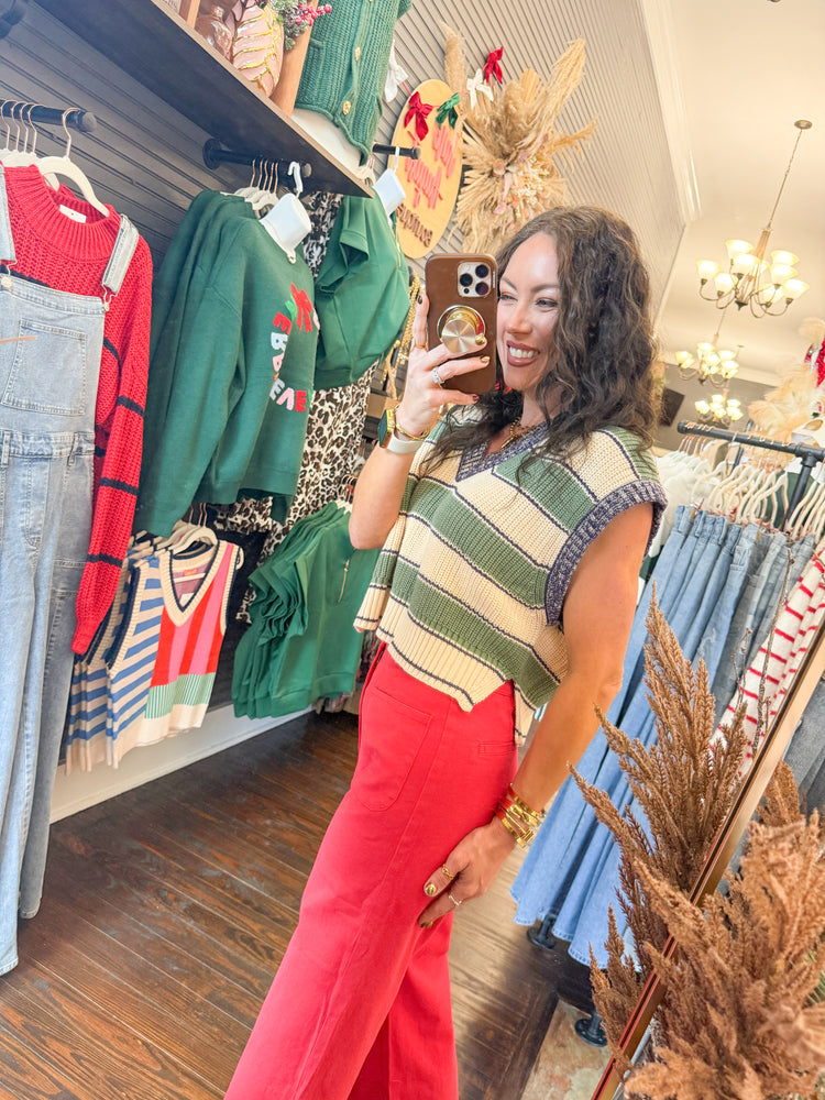 Paisley Stripe Sweater Vest-Olive