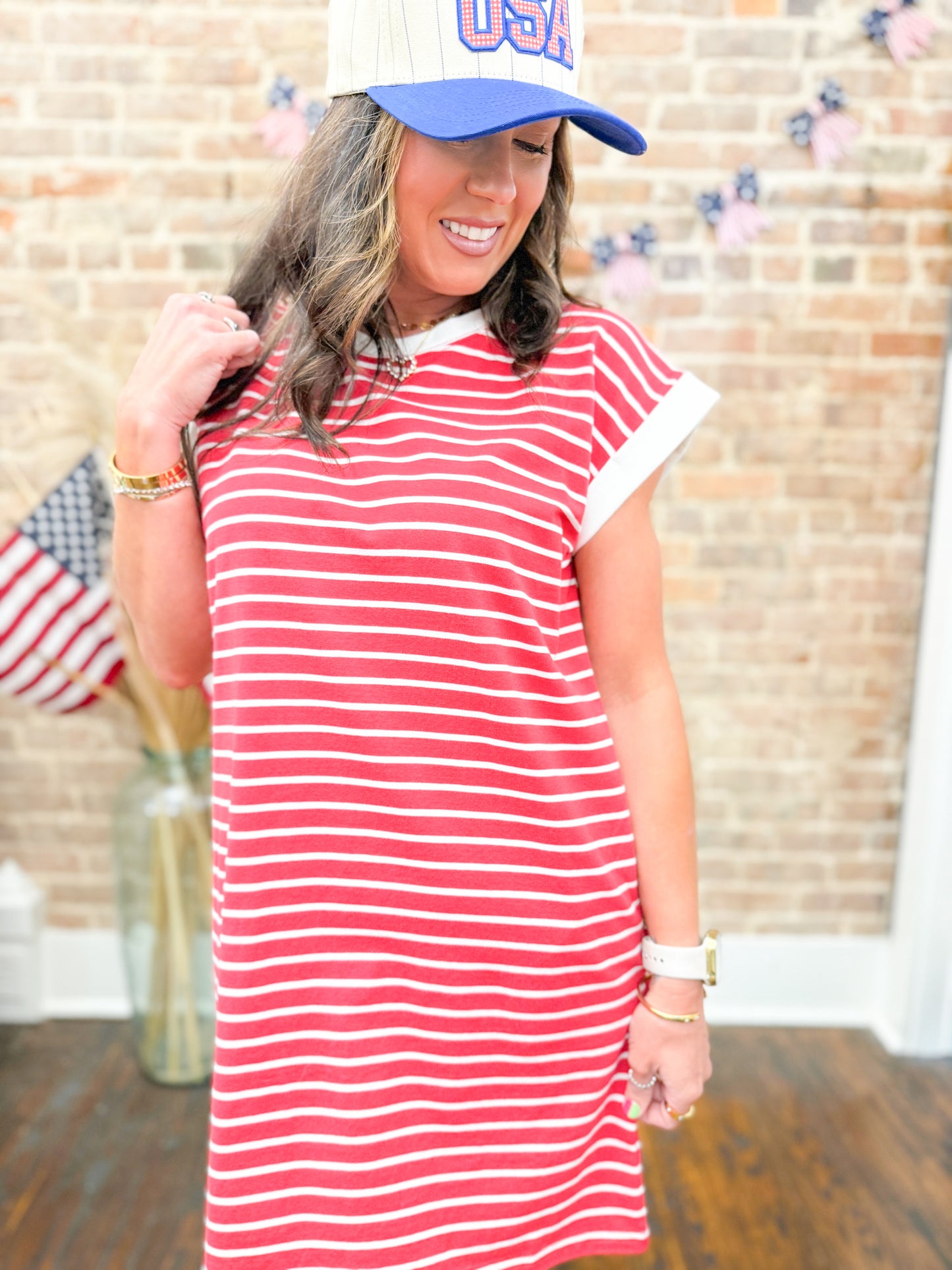 Annie Striped T-shirt Dress - Red