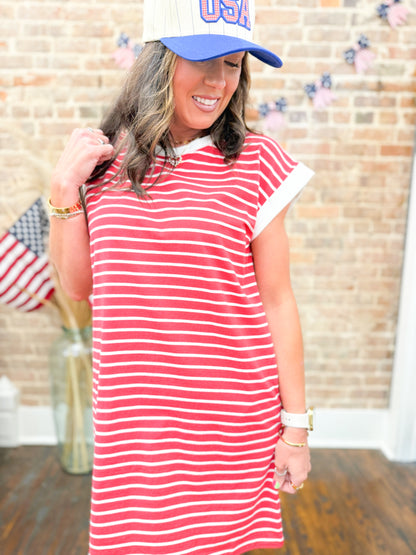 Annie Striped T-shirt Dress - Red