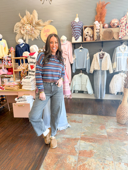 Presley Stripe Sweater Top-Brown/Blue