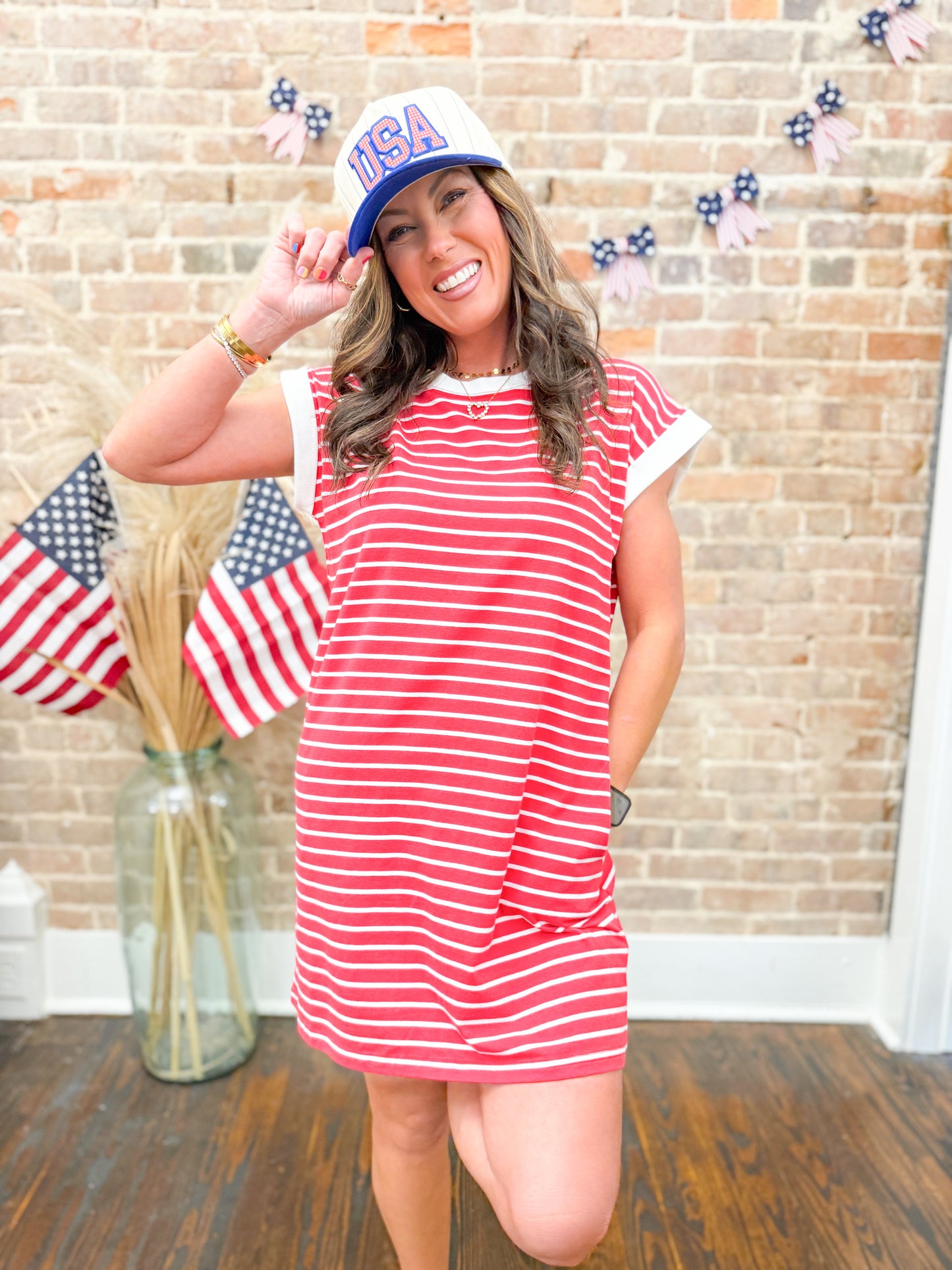 Annie Striped T-shirt Dress - Red