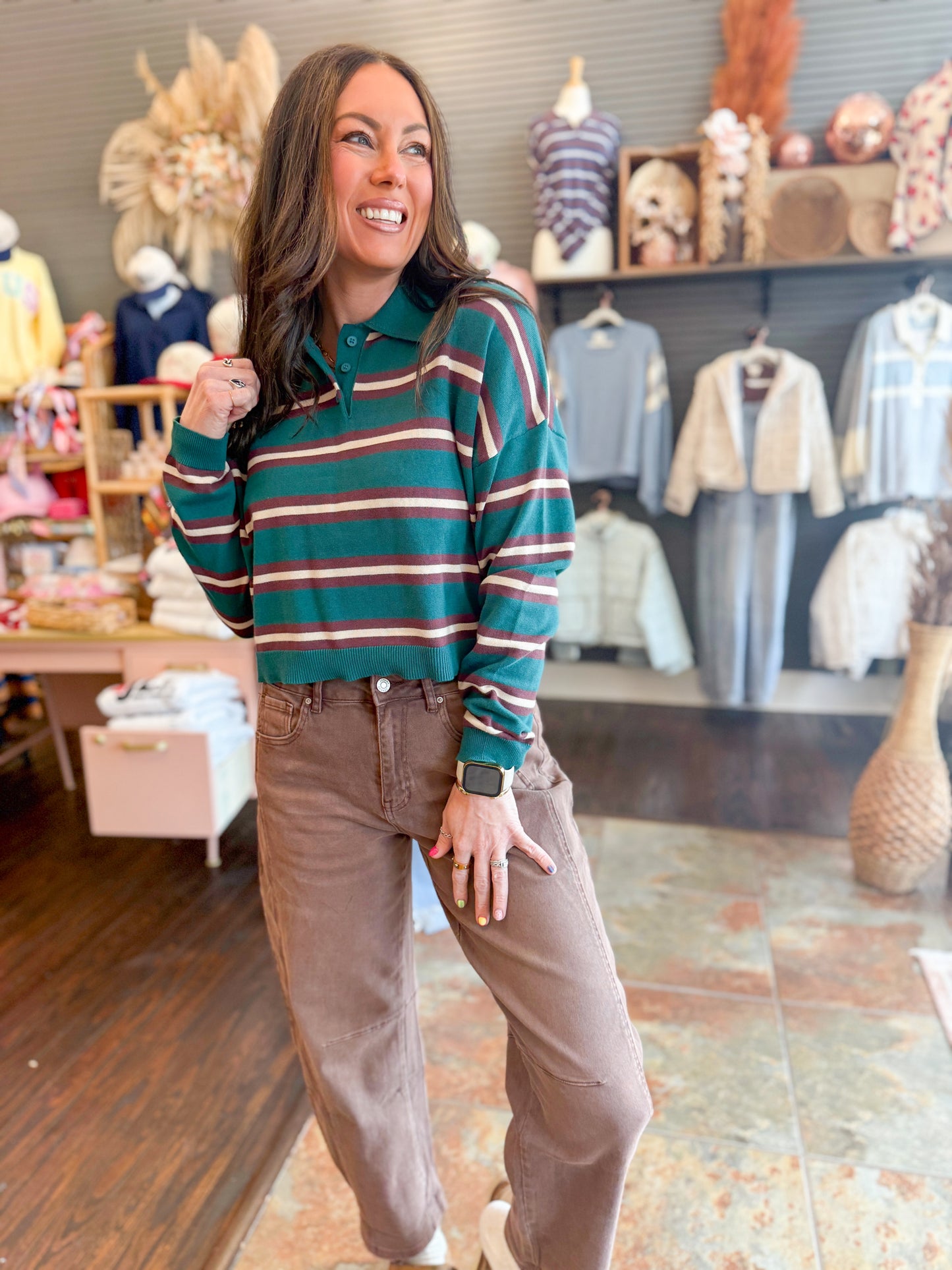 Presley Stripe Sweater Top-Green/Brown