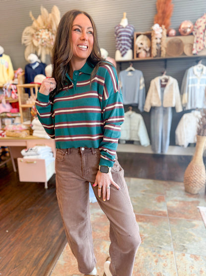 Presley Stripe Sweater Top-Green/Brown