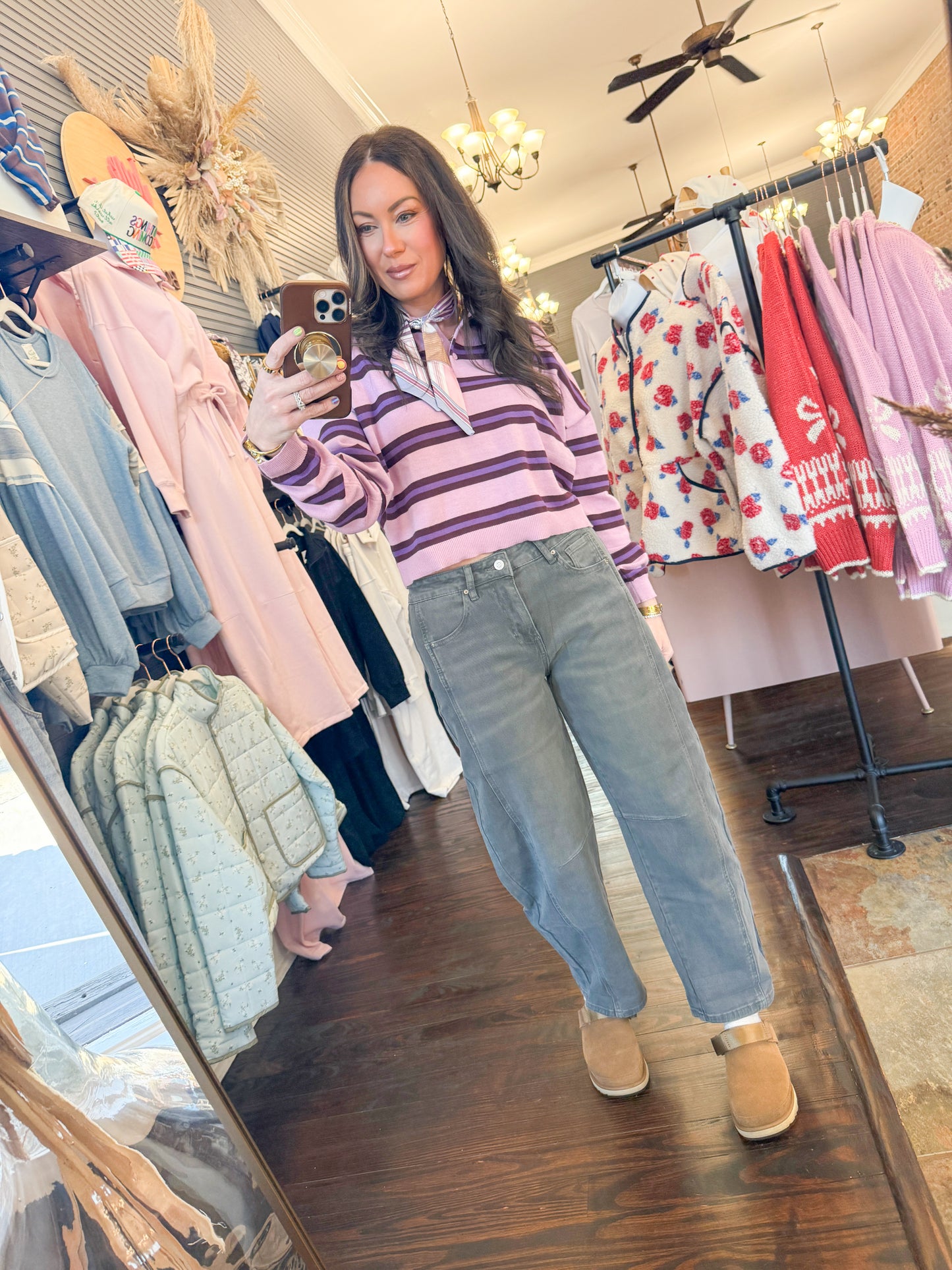 Presley Stripe Sweater Top-Pink/Wine